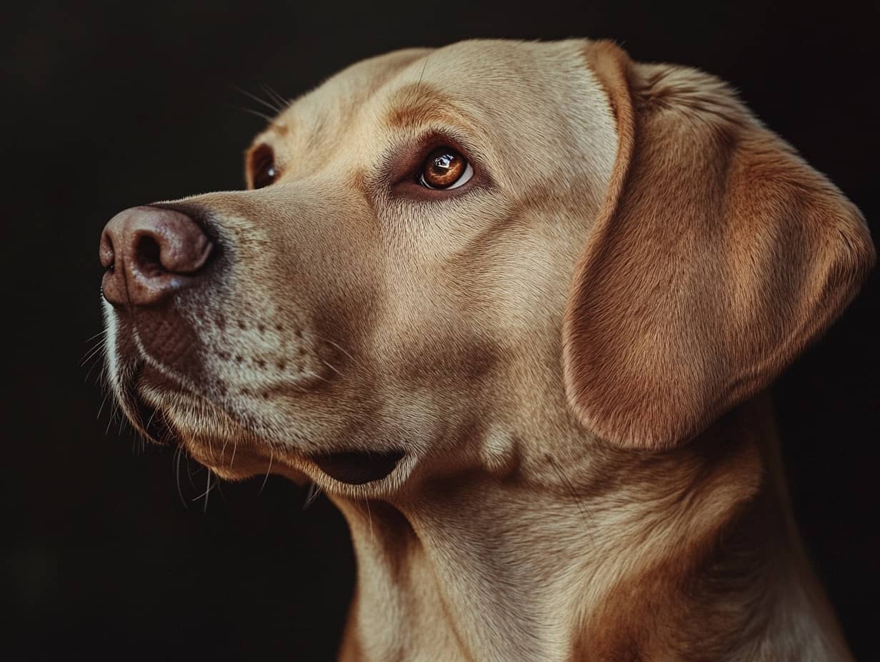 Chiot près d'une assiette de fruits, attiré par l'odeur