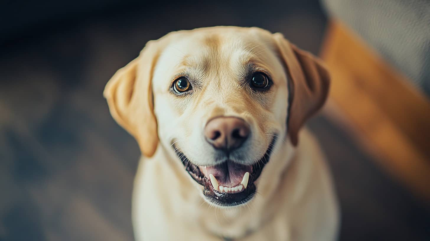 Chien regardant une affiche avec une expression perplexe