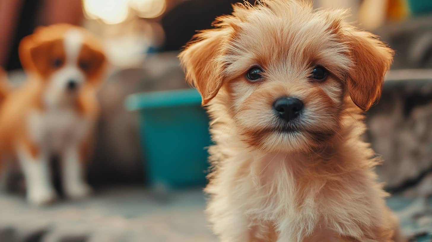 Chiot tenant un cœur en peluche dans sa gueule