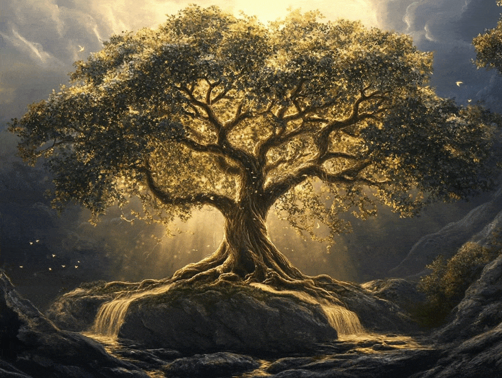 Image animée illustrant un arbre de vie avec des branches étendues vers le ciel