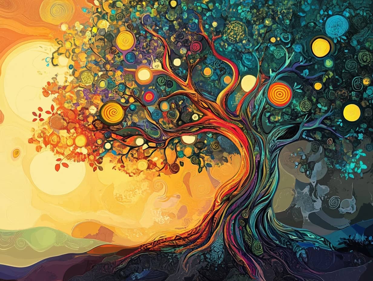 Arbre de vie entouré d'un paysage floral, illustrant la beauté et la diversité de la nature