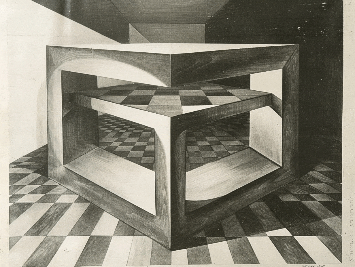 Image représentant l'illusion de la table de Shepard avec deux tables de formes différentes semblant avoir des dimensions différentes alors qu'elles sont identiques