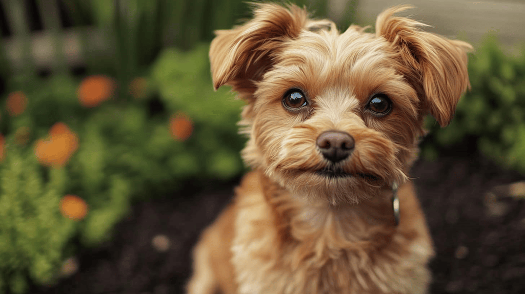 Chiot curieux explorant un jardin fleuri