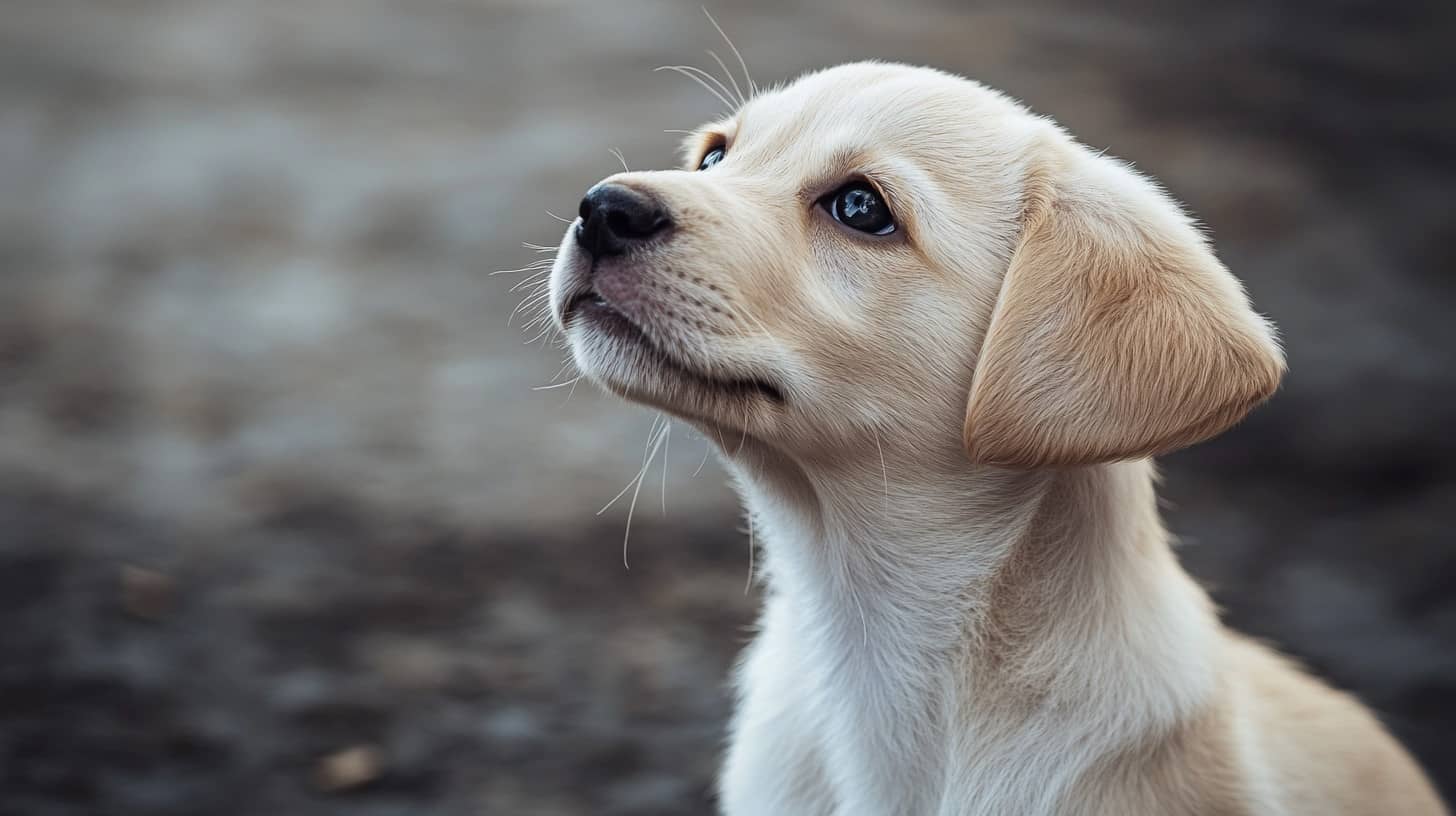 Chien allongé sur un tapis, observant calmement son environnement