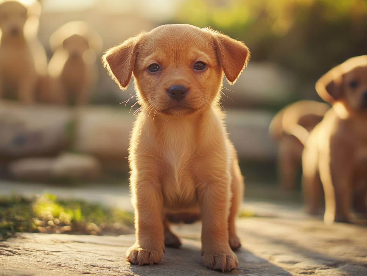Chiot entouré de jouets amusants, jouant joyeusement
