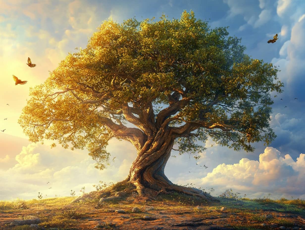 Arbre de vie centré sur une toile abstraite, représentant la créativité et l'inspiration divine