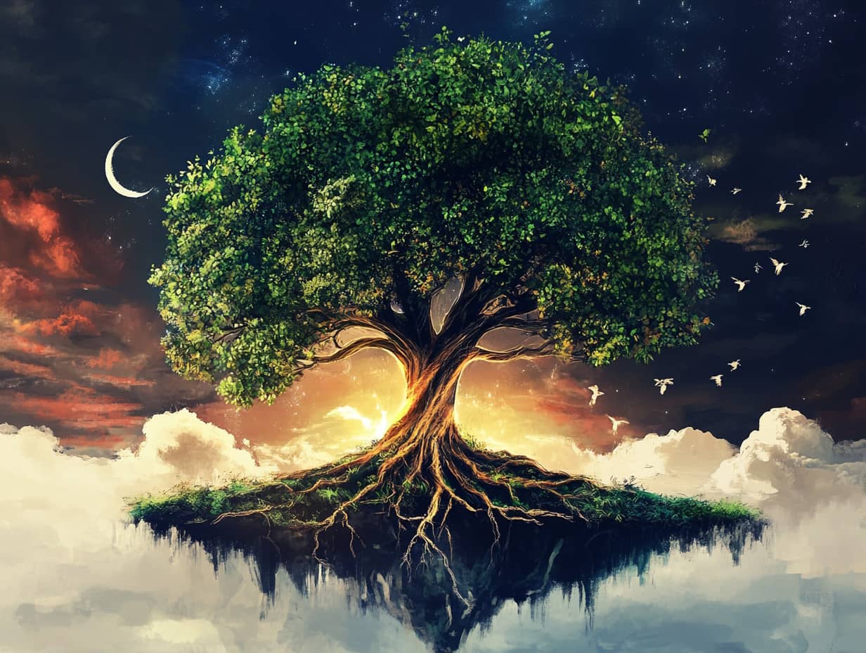 Illustration d'un arbre de vie illuminé par des couleurs vives, symbolisant l'épanouissement personnel