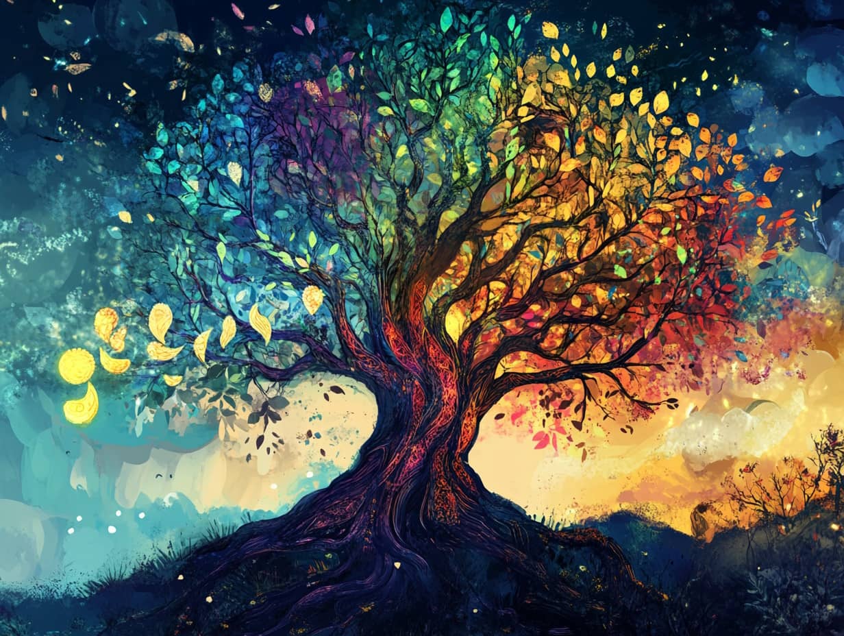 Arbre de vie en pleine floraison, représentant le cycle naturel de la vie et du renouveau